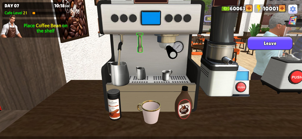 My Cafe Simulator - Uma captura de tela de jogabilidade do My Cafe Simulator mostrando uma máquina de café expresso e ingredientes de café em um balcão