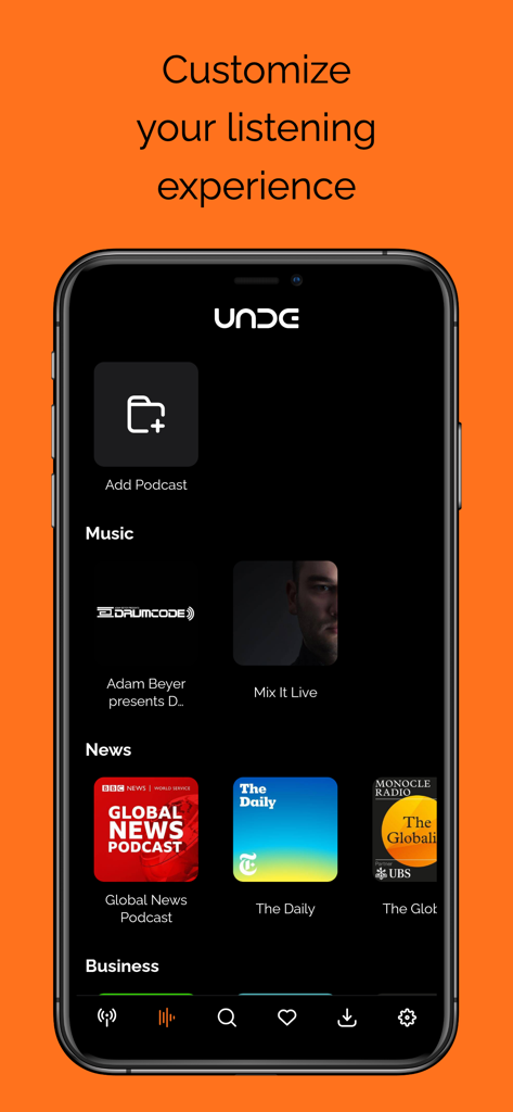 Unde app interface for customizing audio content with various podcast and radio categories like news and music