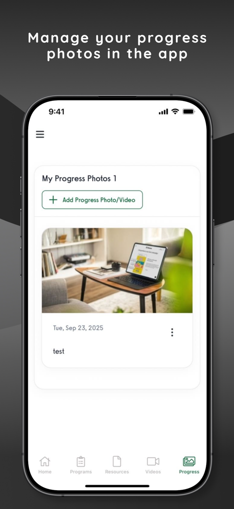 PJF Performance - iPhone screen showing the PJF Performance app progress photo management feature.