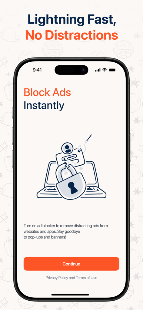 Adslocker - Spam & AD Blocker - Adslocker app interface showing Block Ads Instantly message on iPhone