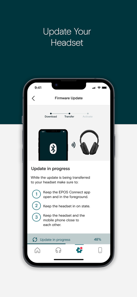 EPOS Connect app firmware update screen showing progress and instructions