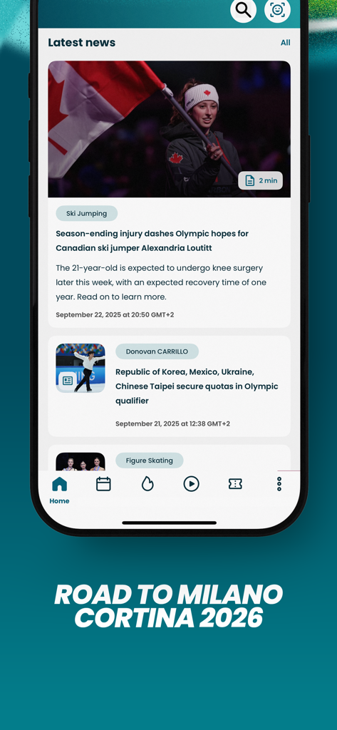 The latest news screen of the Olympic Games app showing articles about athletes and the Road to Milano Cortina 2026.