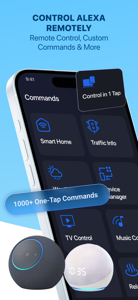 Smart Alexa：Voice Commands - Smart Alexa app interface showing remote control and one-tap voice command categories.