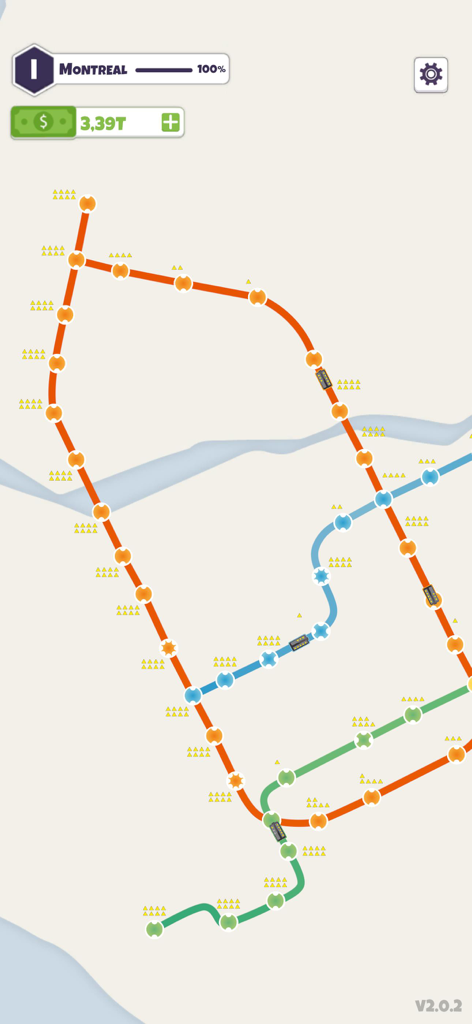 Subway Connect: Idle Metro Map - Subway Connect Gameplay zeigt farbenfrohe U-Bahn-Linien und Bahnhöfe auf einer Karte von Montreal