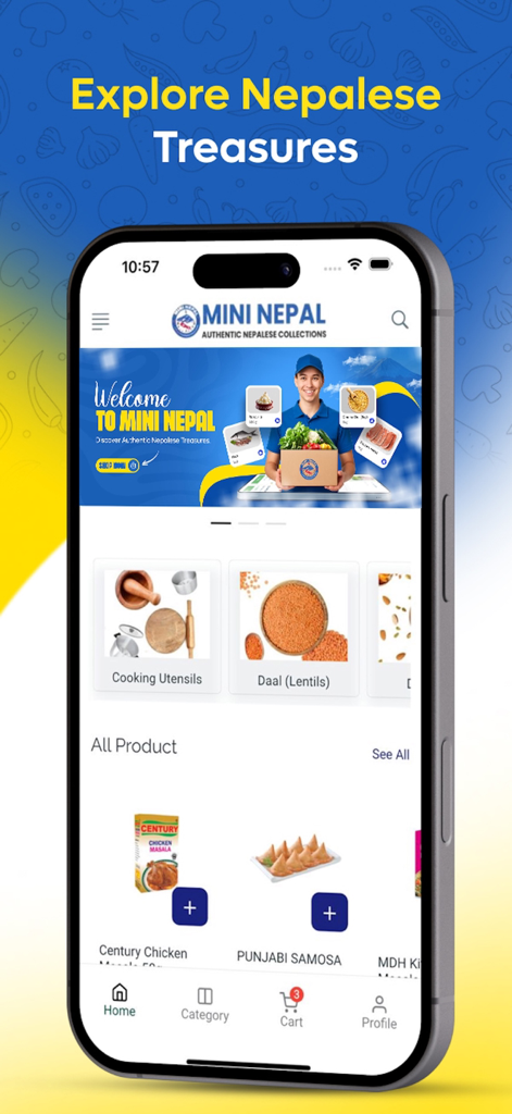 Pantalla de inicio de la aplicación Mini Nepal Shopping con comestibles y especias auténticas de Nepal.