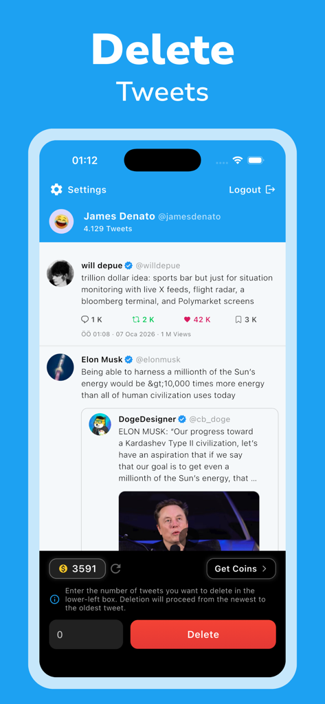 Delex - Delete Tweets Easily - Delex app interface showing a list of tweets and a bulk delete button