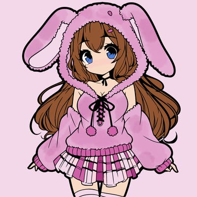 pretty anime girl wearing a fluffy hoodie with bunny ears on the hood and a skirt