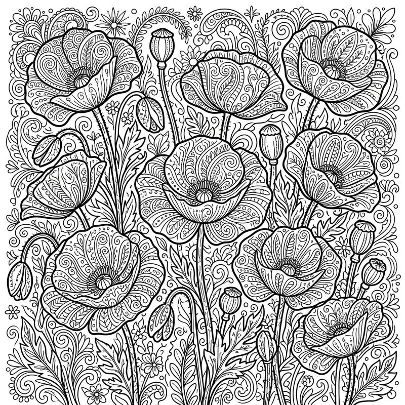 Discover the calming beauty of Zentangle art fused with the charm of yellow poppies in this exquisite coloring page. This design offers a unique blend of nature's grace and intricate patterns, perfect for a relaxing artistic escape.
