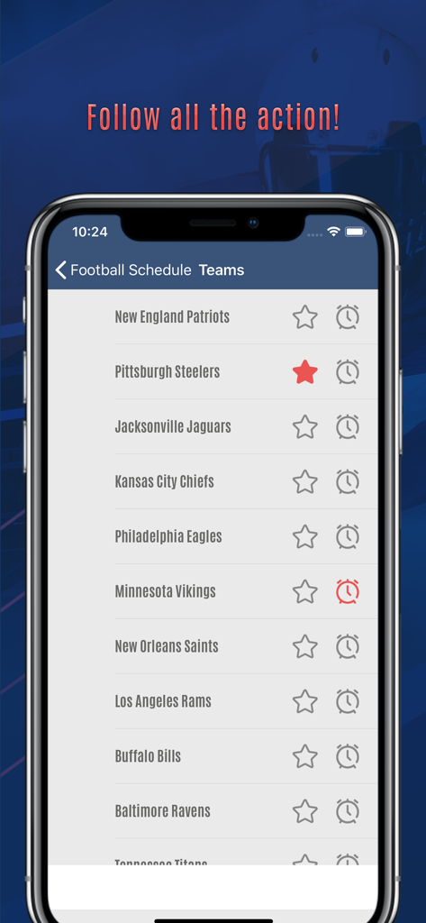 Pantalla de aplicación móvil que muestra una lista de equipos de la NFL con iconos de estrella y reloj despertador para favoritos y recordatorios