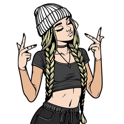 realistic teenage girl with braids and a beanie and crop top doing 🫶🏼