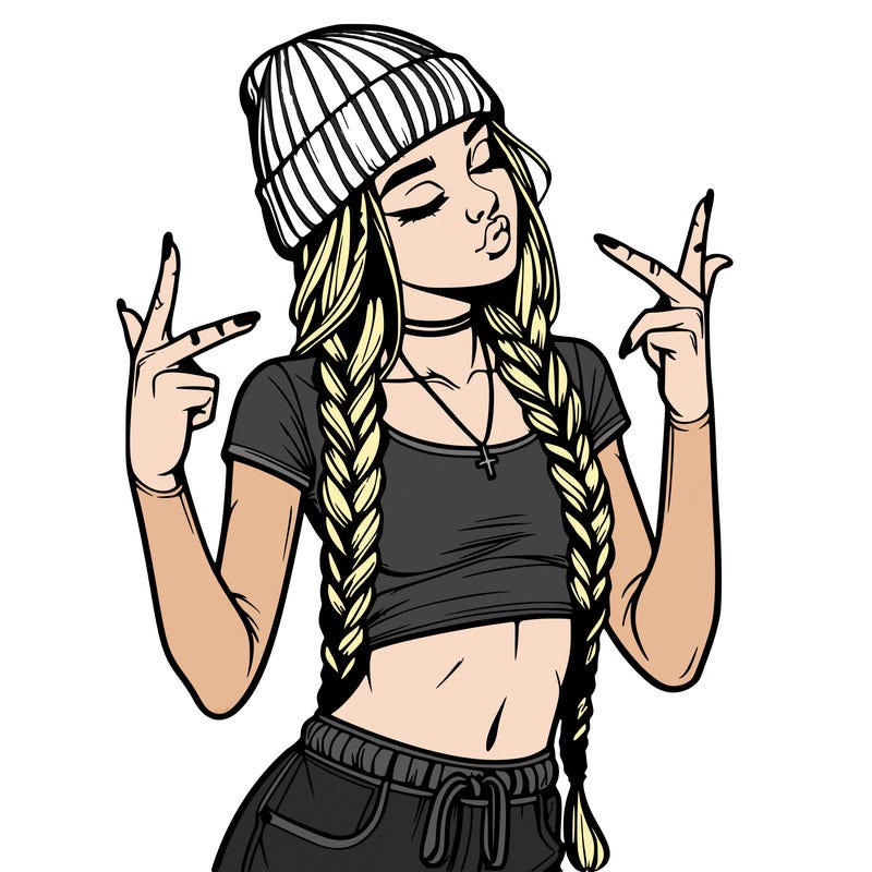 realistic teenage girl with braids and a beanie and crop top doing 🫶🏼