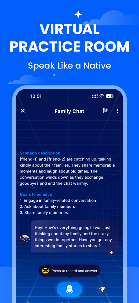 Prep-Smart learning& test prep - Interfaz de la Sala de Práctica Virtual en la aplicación Prep Smart para la práctica de expresión oral en inglés con IA.