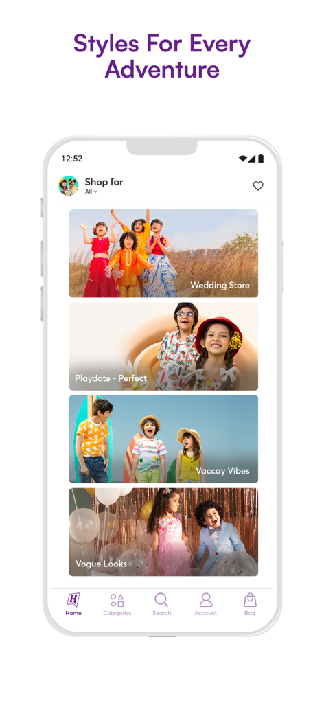 Hopscotch – Kids Fashion Brand - Pantalla de inicio de la aplicación de moda infantil Hopscotch mostrando categorías de ropa para bodas, citas de juego y vacaciones.