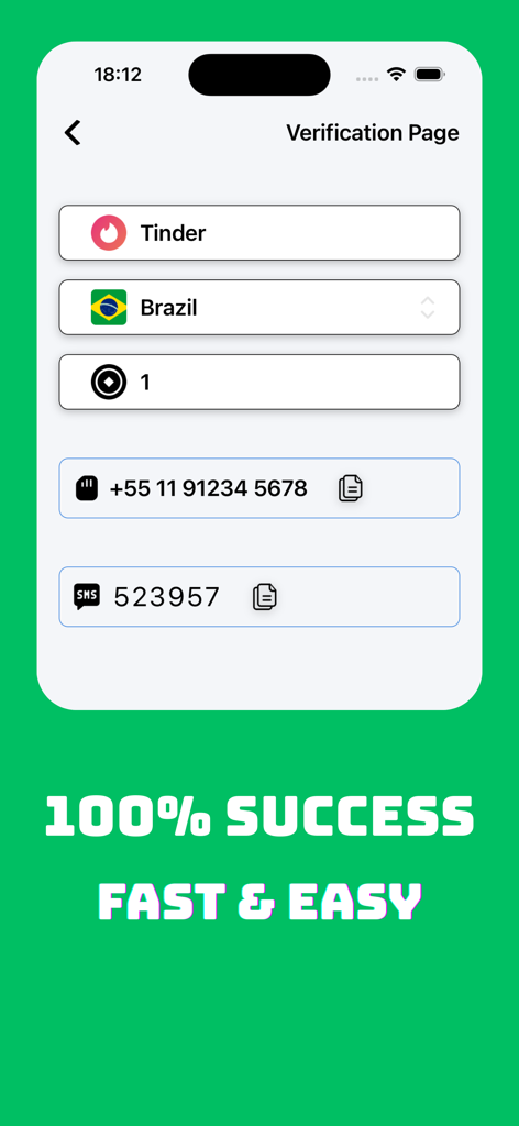 Virtual Number - Receive SMS - Page de vérification de l'application Virtual Number montrant un numéro de téléphone brésilien et un code SMS pour Tinder