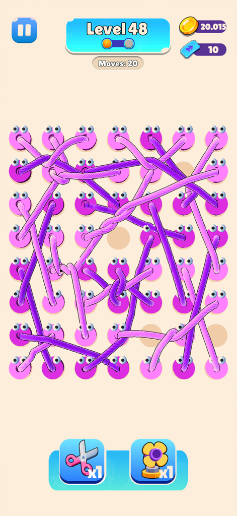 Rope Tangle 3D - Puzzle Game - A 3D puzzle level in Rope Tangle 3D featuring tangled purple ropes and pink pins