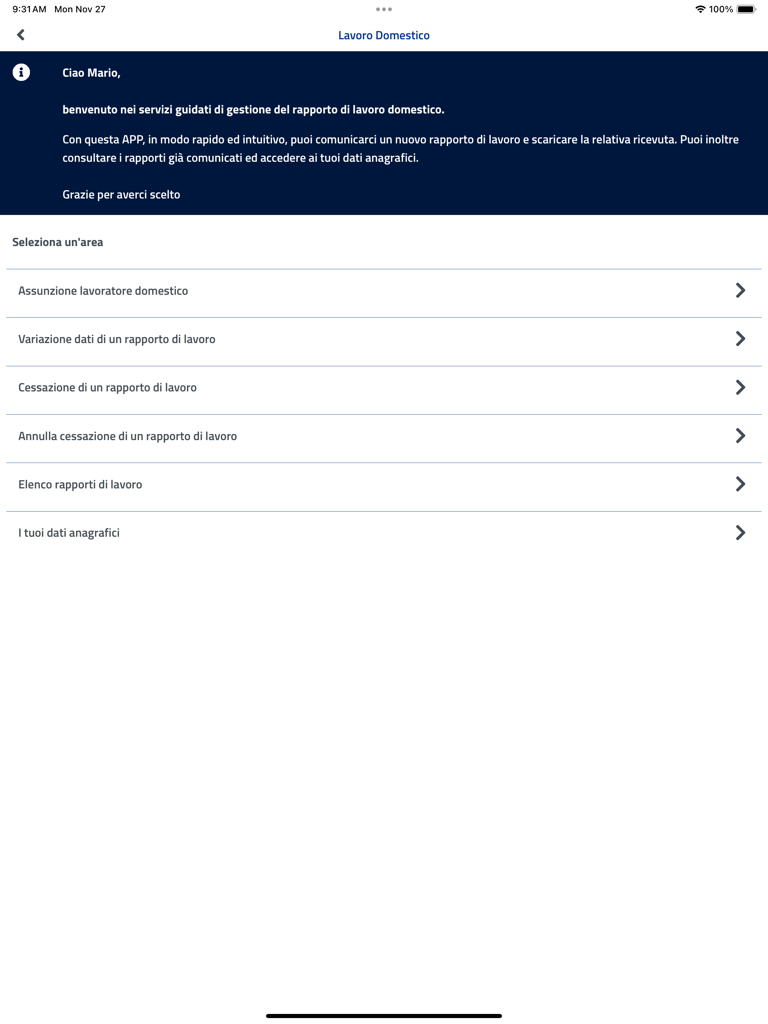 INPS mobile per Tablet - 가정 고용 관리 메뉴를 표시하는 iPad의 INPS 모바일 앱