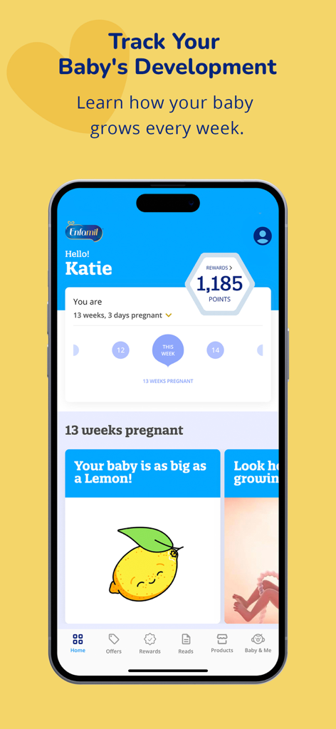 Enfamil: Baby Rewards Tracker® - La schermata principale dell'app Enfamil che mostra i progressi della gravidanza a tredici settimane con un'illustrazione di limone che confronta le dimensioni del bambino.