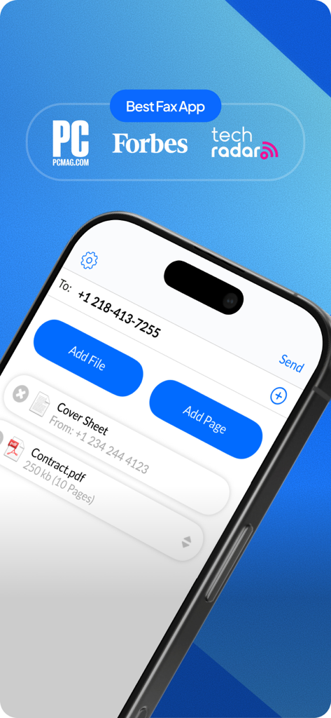 Fax.Plus mobile app interface on an iPhone displaying a fax message ready to be sent with file attachments and media endorsements from Forbes and PCMag.