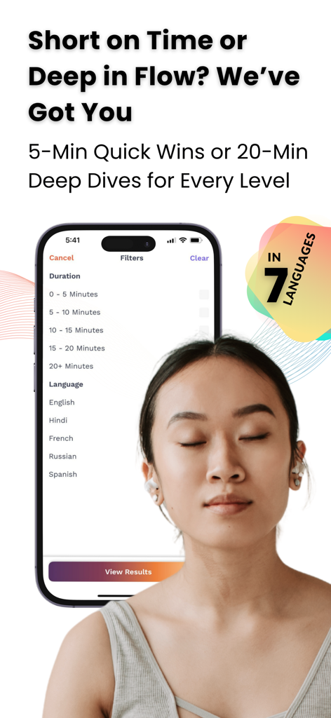 Mobile app interface showing meditation session filters for duration and multiple languages