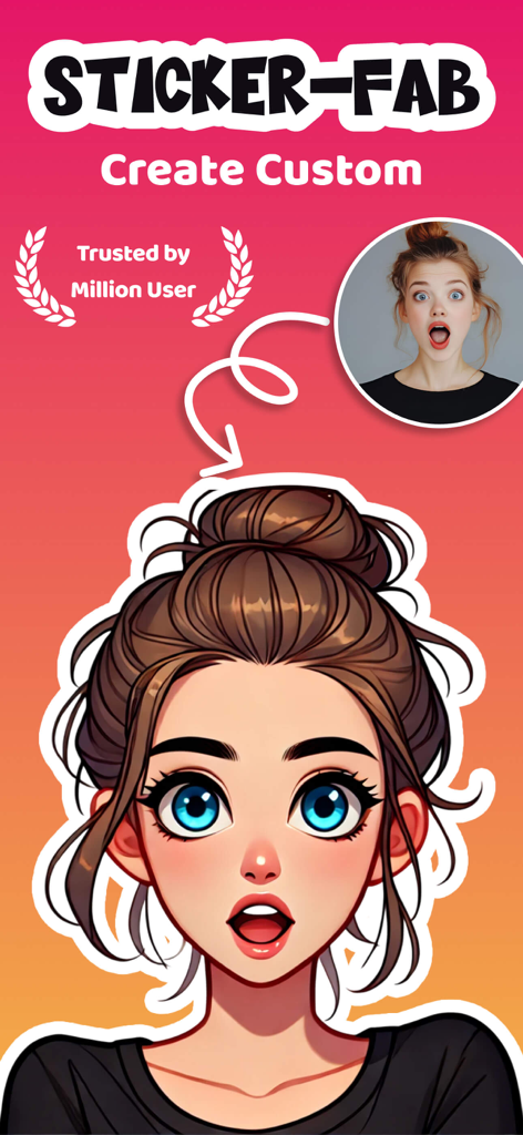 Sticker Maker・Stickers & Emoji - Pantalla de la aplicación que muestra una foto transformándose en un sticker estilizado de dibujos animados