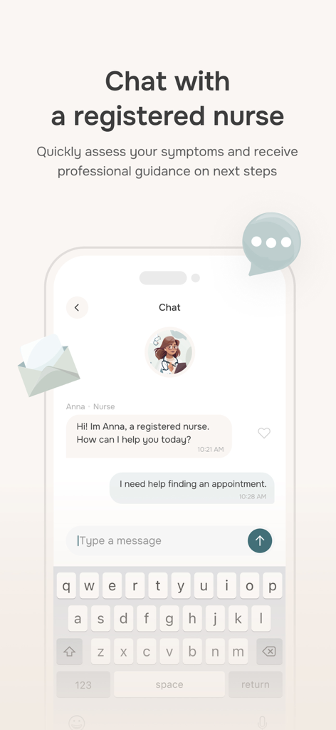 Doctr: Virtual Care - A mobile interface showing a chat conversation with a registered nurse in the Doctr app