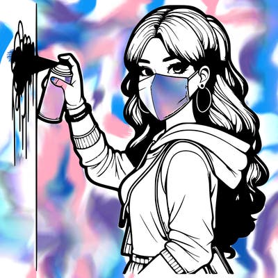 realistic girl with mask spray painting a wall