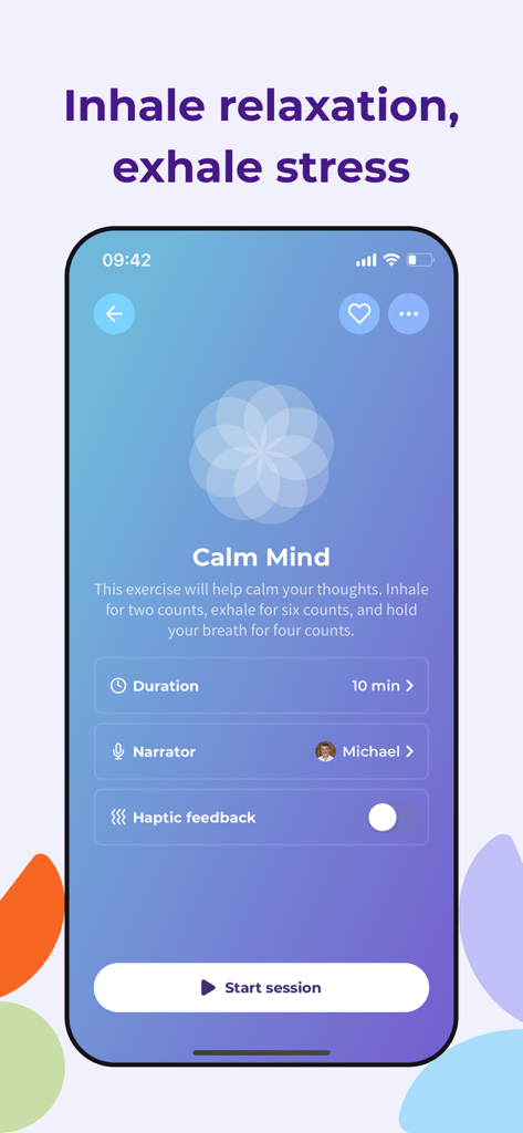 Bildschirm der Guided Meditation App, der die Calm Mind Atemübung-Oberfläche mit Optionen für Dauer und Sprecher zeigt.