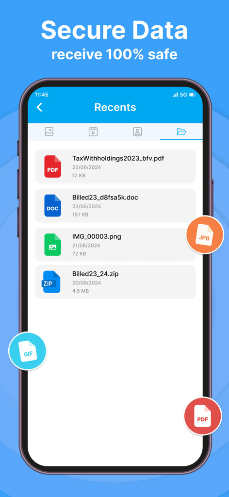Quick Share - File Transfer - Interfaz de la aplicación Quick Share mostrando documentos y archivos recientes para transferencia segura de datos.