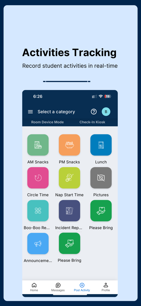 My Kid Reports Childcare App - A screenshot of the My Kid Reports app showing various student activity tracking categories like snacks, nap time, and incident reports.