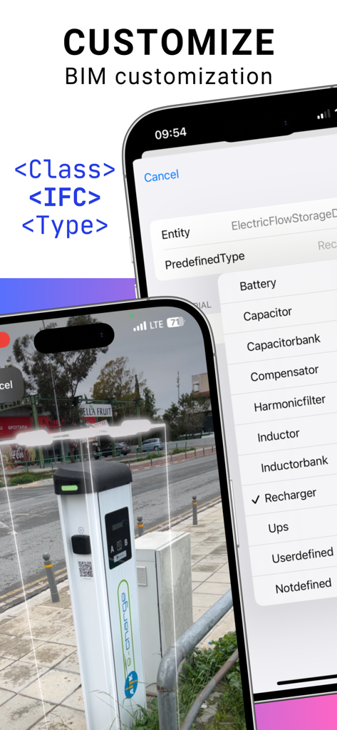 iPhone screen showing the BIM Scanner app with IFC classification options for a scanned object
