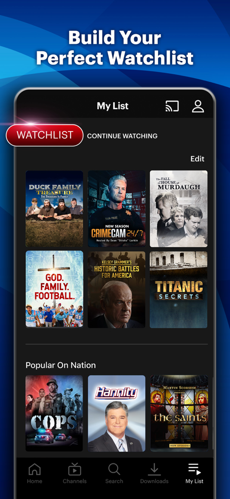 Fox Nation - Interface of the Fox Nation app displaying a personalized watchlist with lifestyle, history, and crime series.