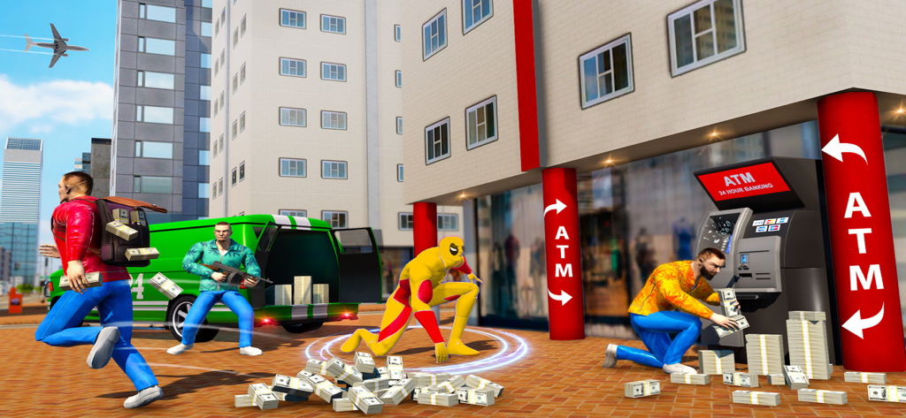 Spider Hero Games - Rope Hero - A superhero in a yellow suit confronting gangsters during a bank robbery in a city