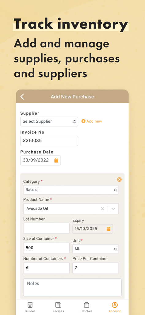 Soapmaking Friend – Soap Calc - Interface of the Soapmaking Friend app showing the add new purchase screen for soap supplies inventory tracking