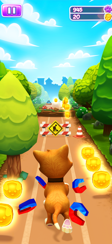 Pet Run - Puppy Dog Run Game - Eine rote Katze rennt durch einen Park und sammelt Münzen mit einem Magnet-Power-Up im Spiel Pet Run
