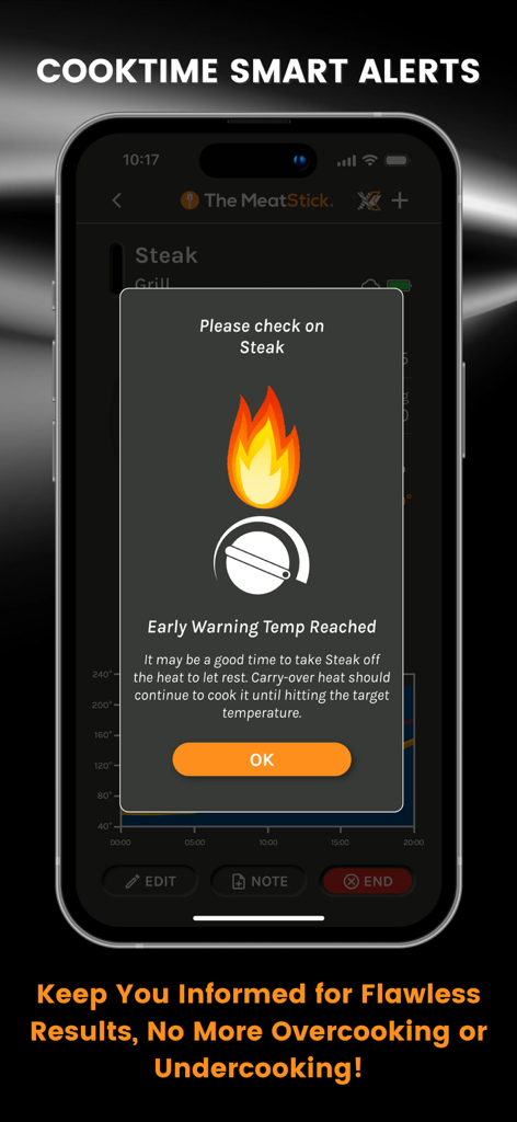 The MeatStick - The MeatStick app showing a cooktime smart alert notification for steak on an iPhone screen