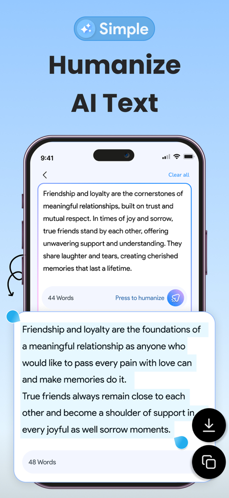 Humanize AI - AI Text Detector - Interfaz de la aplicación Humanize AI mostrando el proceso de conversión de texto generado por IA a escritura similar a la humana con un resultado de muestra