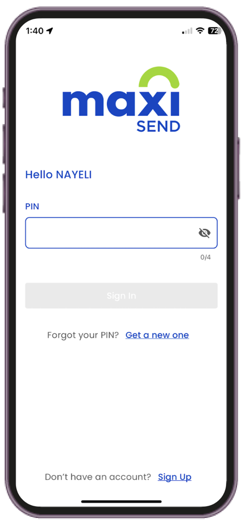 Login screen for the Maxi Money Status app showing a PIN input field and the maxi SEND logo.