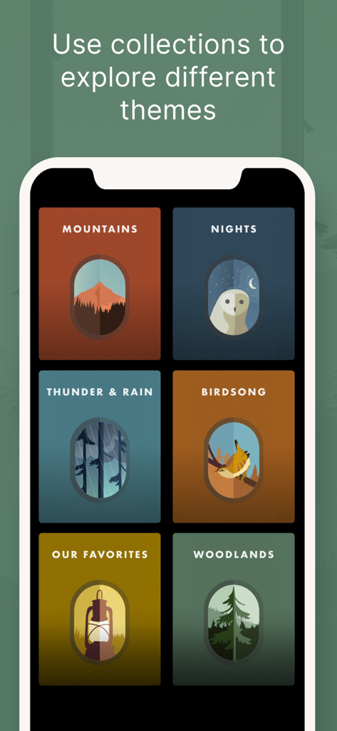 Wild Journey - Nature Sounds - Captura de pantalla de la aplicación Wild Journey que muestra colecciones de sonidos de la naturaleza como Noches de Montaña y Bosques