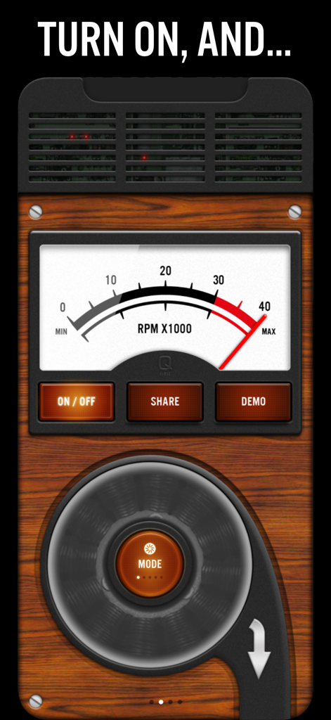 Blower - Vintage-style interface of the Blower app with an RPM gauge and fan mode selector