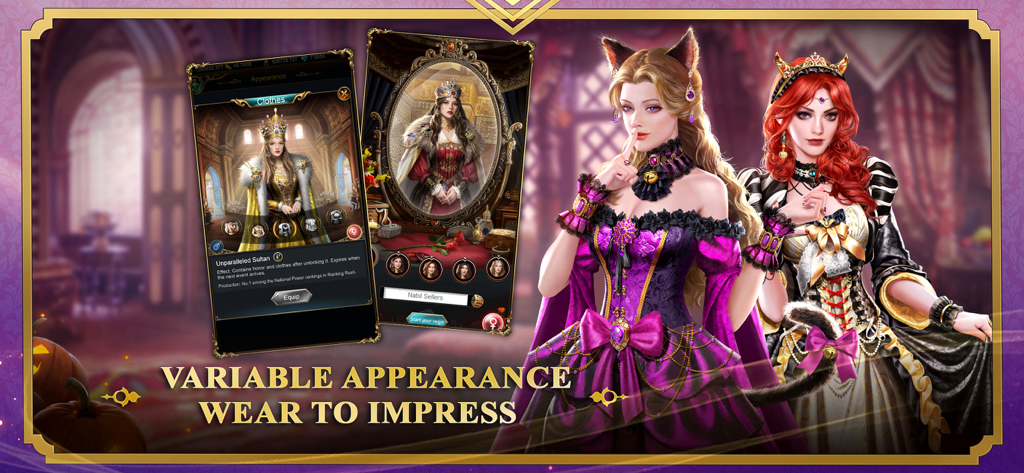 Game of Sultans - Game of Sultans characters in elaborate outfits with customization interface