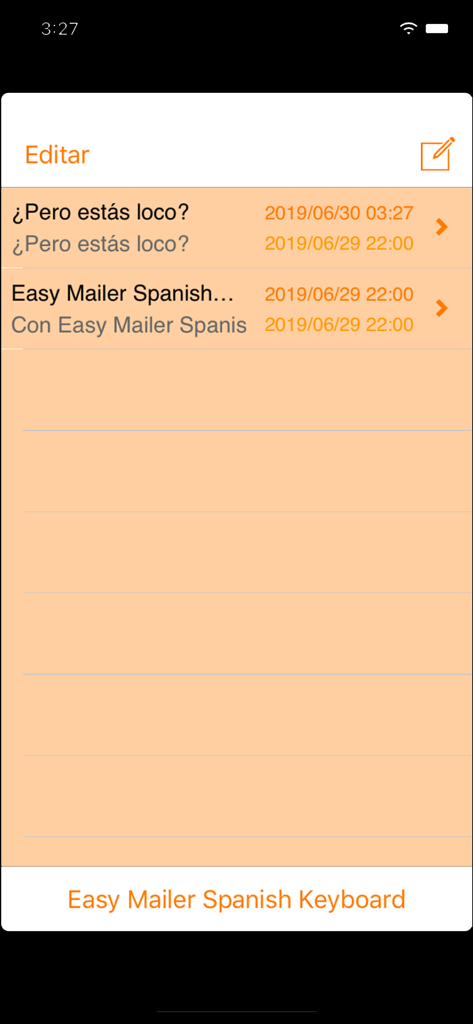 Easy Mailer Spanish Keyboard - Lista de borradores de mensajes guardados con texto en español y fechas en la aplicación Teclado Español Easy Mailer.