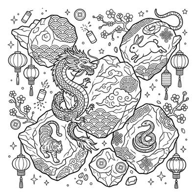 Blast off into a festive coloring experience with this unique Lunar New Year design, featuring magnificent dragons and zodiac animals nestled among celestial asteroids. Adorned with traditional patterns and vibrant lanterns, this page offers a captivating blend of cosmic wonder and cultural celebration.