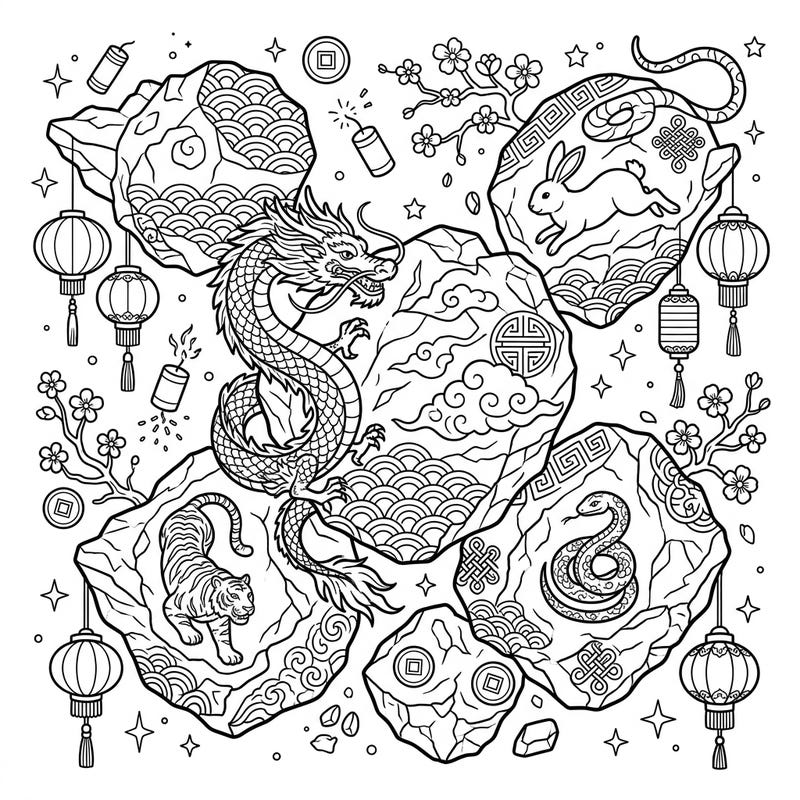 Blast off into a festive coloring experience with this unique Lunar New Year design, featuring magnificent dragons and zodiac animals nestled among celestial asteroids. Adorned with traditional patterns and vibrant lanterns, this page offers a captivating blend of cosmic wonder and cultural celebration.