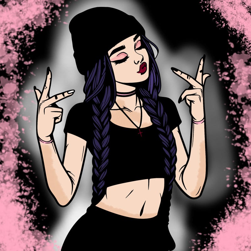 realistic teenage girl with braids and a beanie and crop top doing 🫶🏼