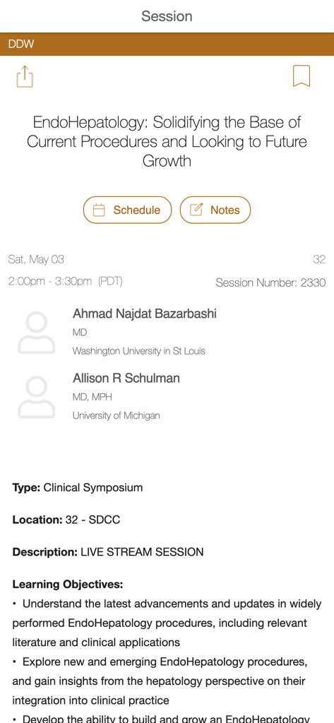 DDW 2025 - DDW 2025 mobile app session screen displaying medical symposium details, including title, speakers, and learning objectives.