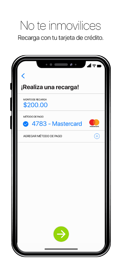 Mueve Ciudad mobile app screen showing a parking credit recharge with a Mastercard credit card