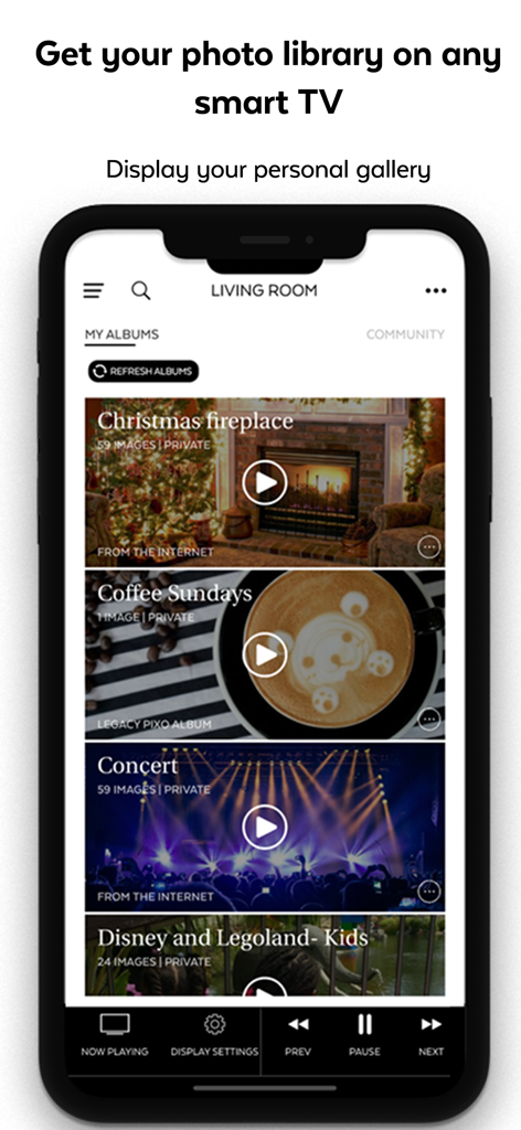 Pixo app screen displaying personal photo albums for smart TV slideshows