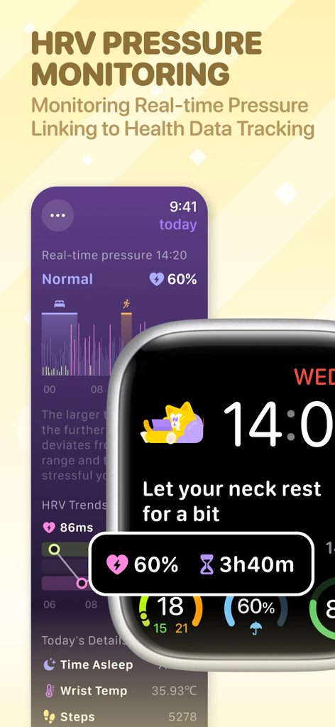 Moodji app interface showing HRV pressure monitoring and real-time health data on iPhone and Apple Watch.