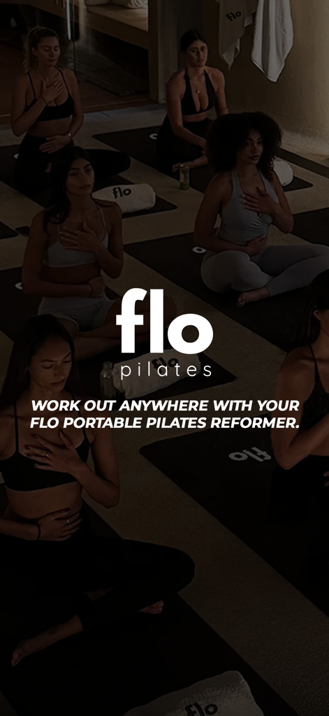 Flo Pilates - Flo Pilatesアプリの起動画面、ロゴとフィットネスのタグラインを表示