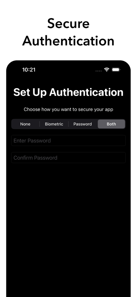 Pantalla de configuración de autenticación segura en la aplicación Terapeuta IA con opciones de protección biométrica y de contraseña